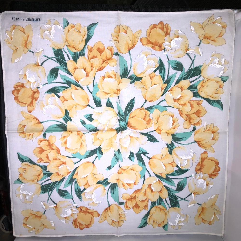 49 AV Junko Shimada Yellow Tulip Floral Cotton Square Handkerchief Scarf 16in